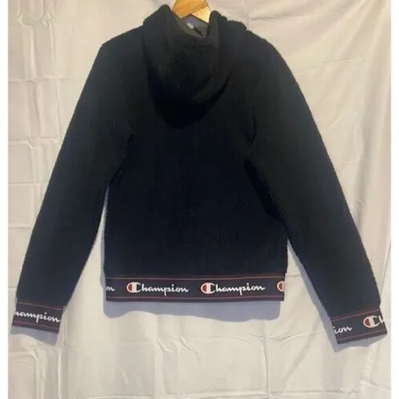 CHAMPION Fleece Sherpa‎ Hoodie SMALL Black BIG C-PATCH Pullover Elastic Bottom - Picture 2 of 5